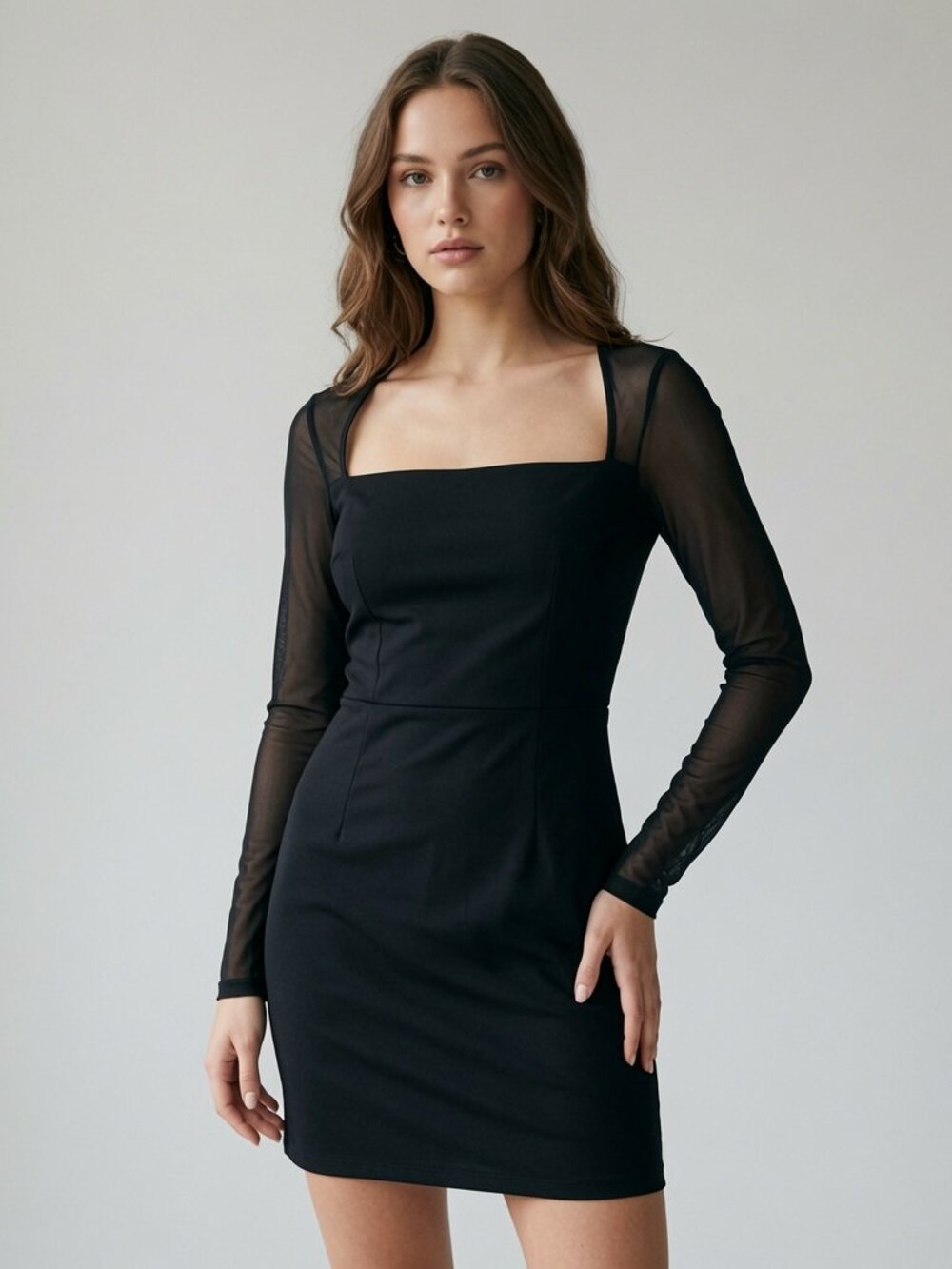 NWOT Windsor Black Square Neck Mesh Sleeve Bodycon Mini Dress Size M